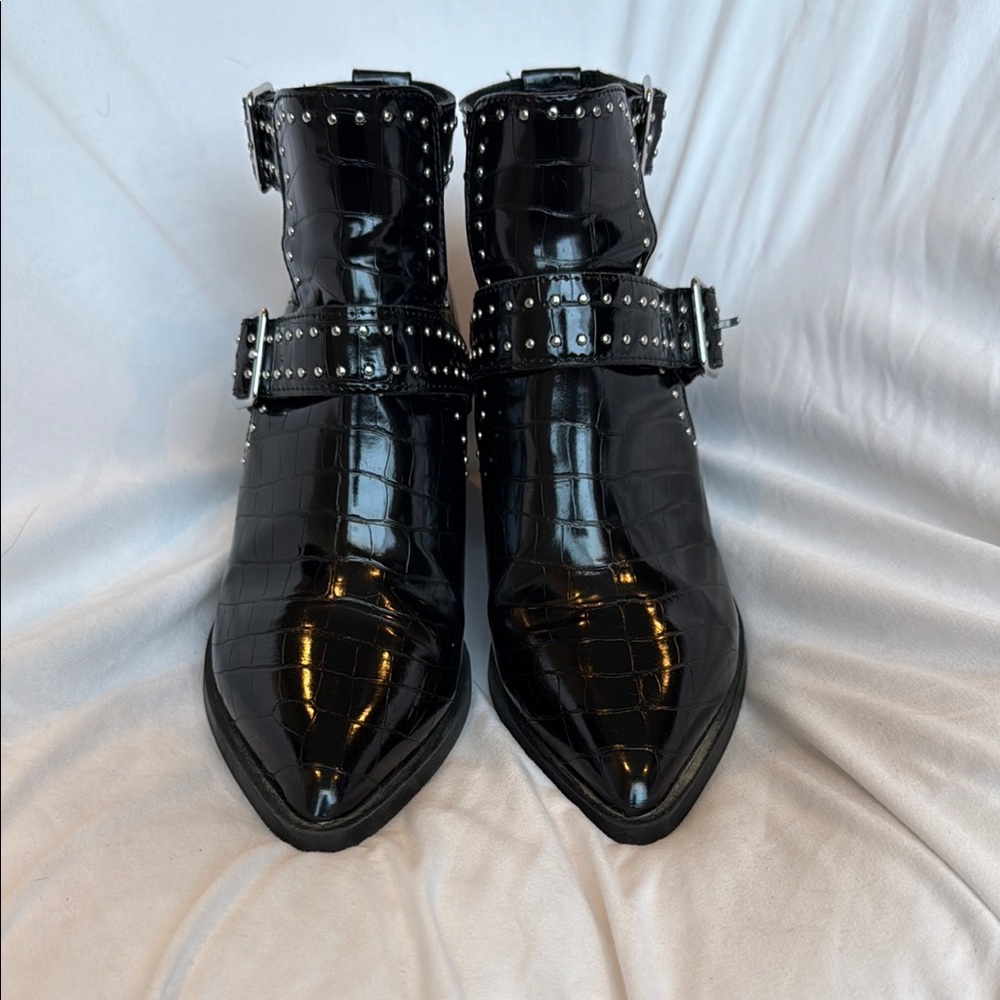 Steve Madden Black Patent Leather Ankle Booties with Studded Strap